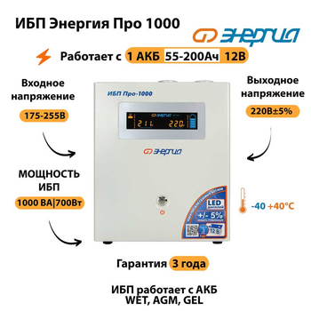 Энергия ИБП Про 1000 12В - ИБП и АКБ - ИБП для котлов - Магазин электротехнических товаров Проф Ток